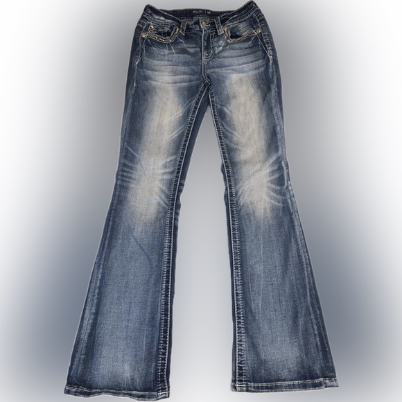 Miss Me Fleur De Lis Boot Cut Jeans Pink Embroidered Sequins Sparkly Pockets 26 - Picture 3 of 10